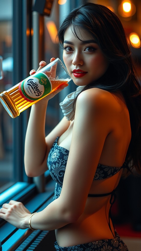 A woman holding a beer glass, posing near a window with ambient lighting.