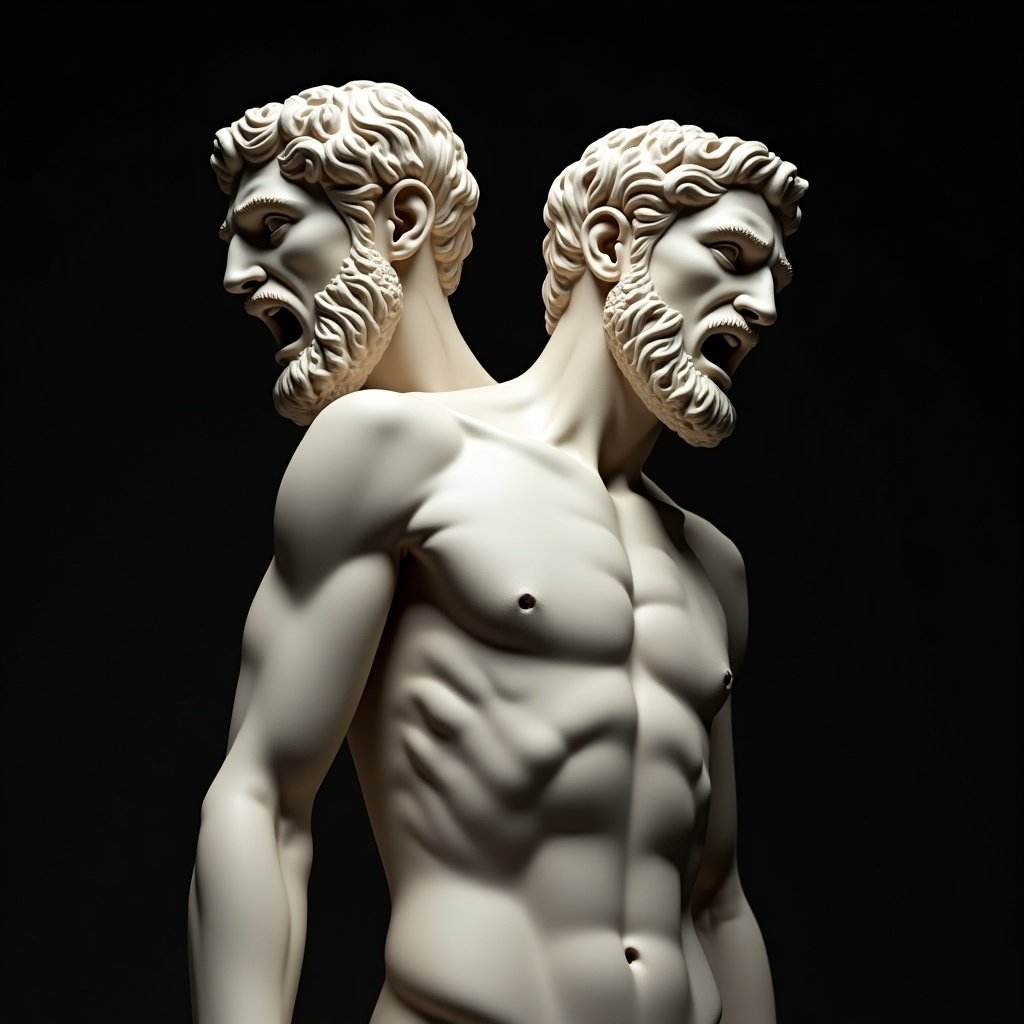 A muscular statue made of marble features two heads on opposite sides. One head displays a happy expression while the other screams. The statue possesses a digitalized appearance and stands against a dark background.