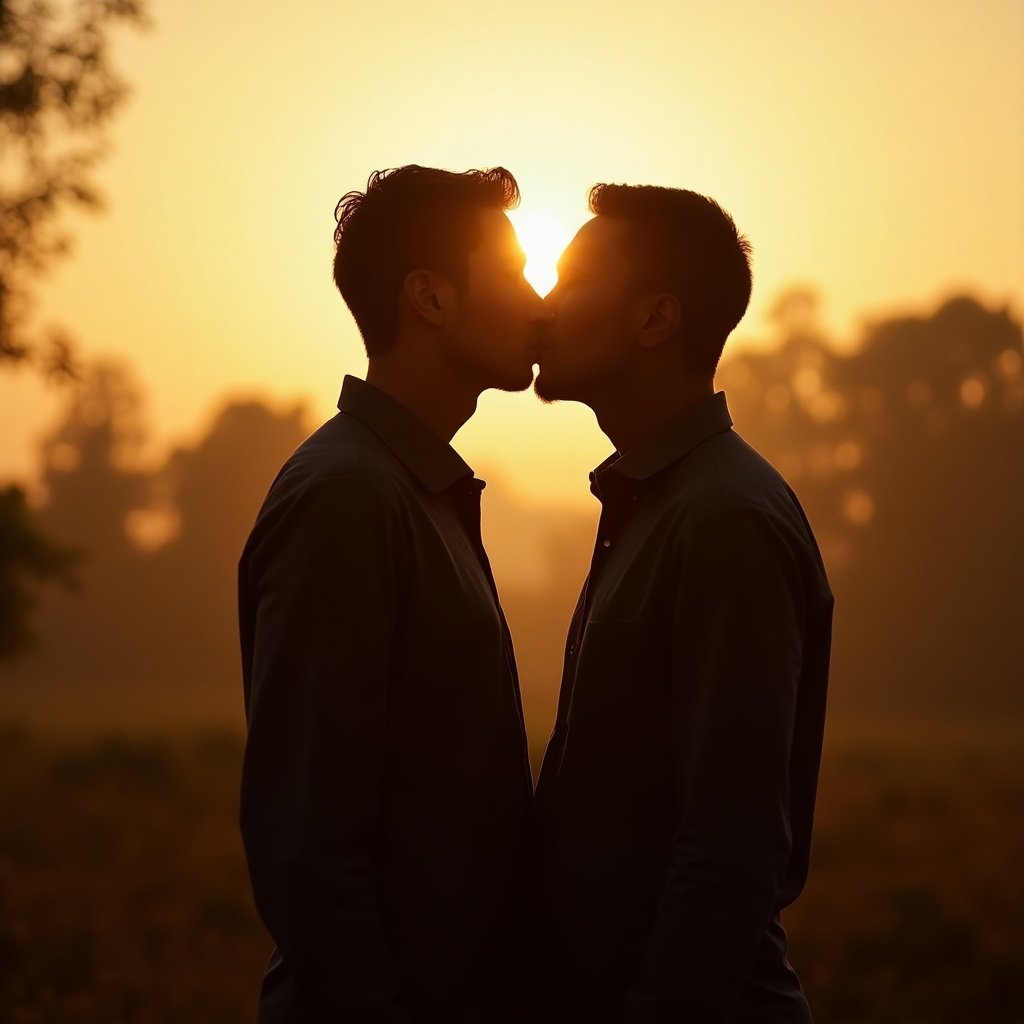 Two men share a gentle kiss at sunset. One man has white skin. The other man has black skin. Both are silhouetted against a warm setting sun.