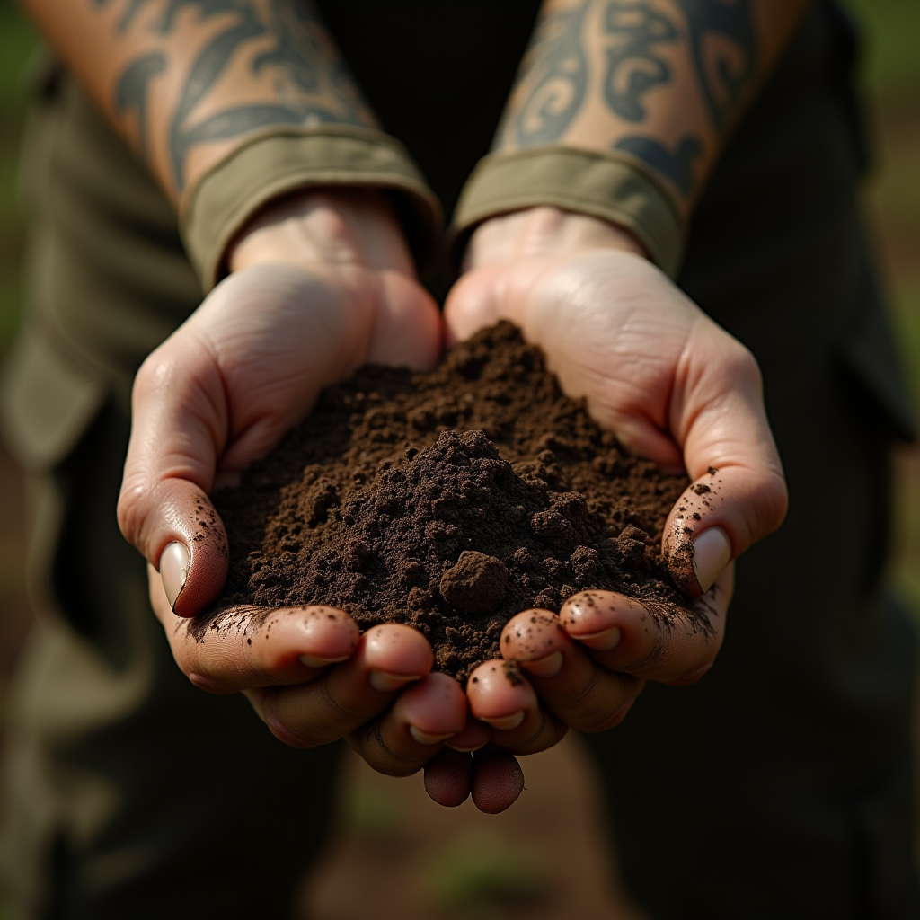 Hands holding rich, dark soil with tattooed arms visible.