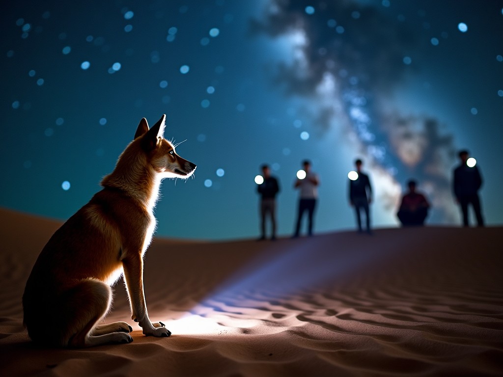 A dog sits under a starry night sky in a desert, with a group of people in the background holding flashlights. The Milky Way is visible in the sky, creating a mystical atmosphere.