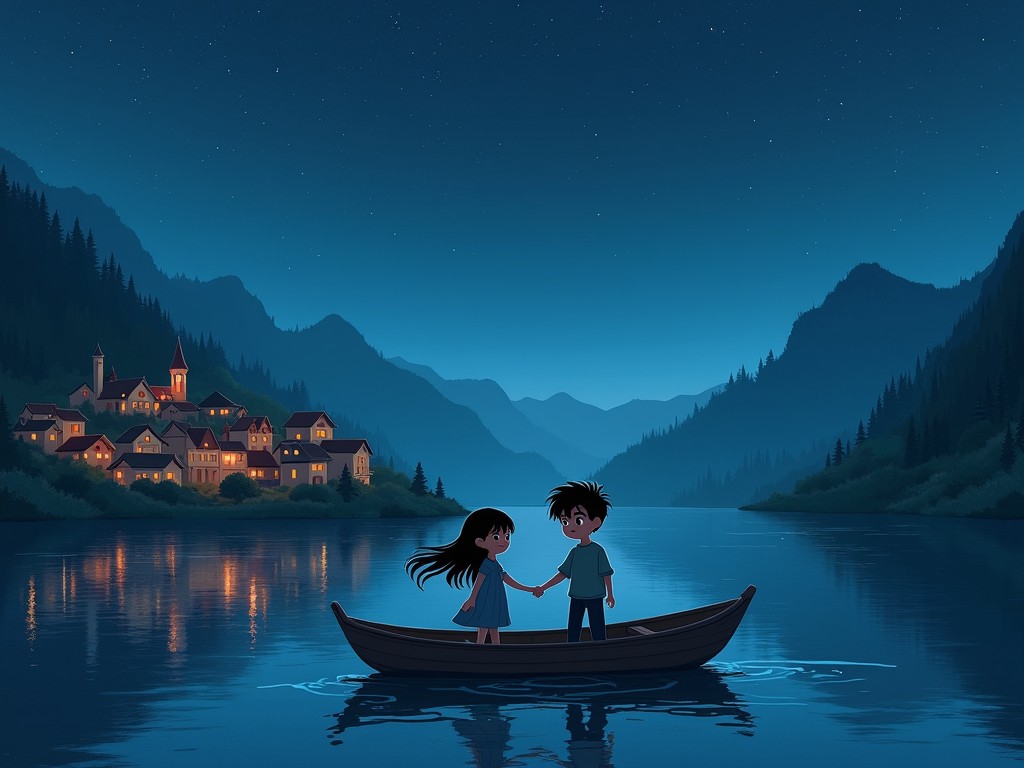 A serene night scene features two animated children standing in a boat on a calm lake, holding hands. The distant village, set against dark, towering mountains, is softly illuminated with glowing windows, suggesting warmth and life amid the tranquil wilderness. Stars pepper the night sky, enhancing the dreamlike quality of the moment.