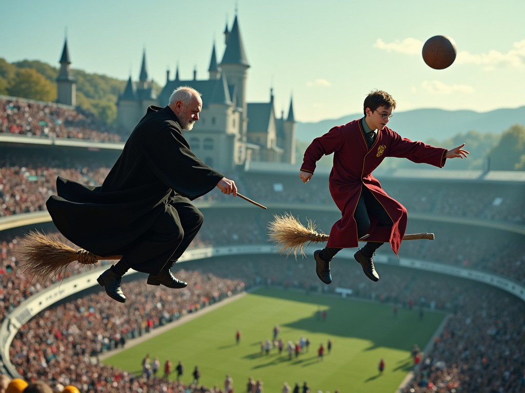 In a whimsical scene reminiscent of magical tales, two individuals clad in wizarding robes are seen mid-air, riding broomsticks over a vast stadium. The younger figure on the right, dressed in a red robe with a golden emblem, appears to be chasing a ball, showcasing a moment of dynamic athleticism. The older figure on the left, wearing a black robe, seems engaged in a competitive pursuit, adding tension to the otherwise fantastical setting. In the background, the towering spires of a grand castle and an audience-filled stadium complete the enchanting atmosphere.