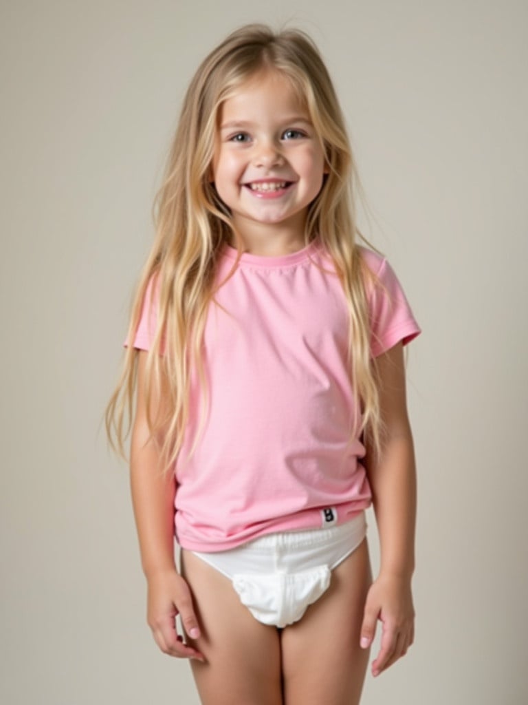 Young child with long blond hair stands in front of a neutral background. She wears a pink t-shirt and a diaper. Her expression is playful and sweet.