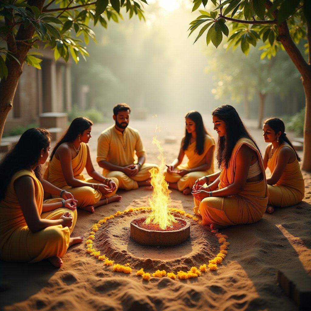 Sacred ritual known as Bhoomi Poojan performed before house construction. Participants in yellow attire surround a fire. Ceremony invokes earth, water, fire, air, and space. Represents respect and gratitude to the Earth.