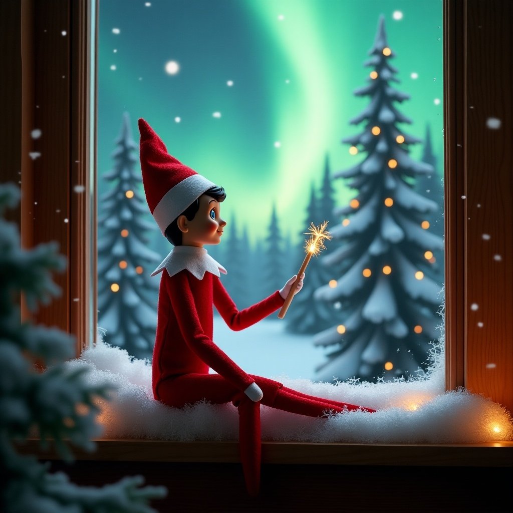 Elf on the shelf sits on window ledge. Uses wand to create word Laauli. Looks at northern lights. Scene has snow-covered pine trees. Dressed in vibrant red outfit. Conveys festive holiday feel.