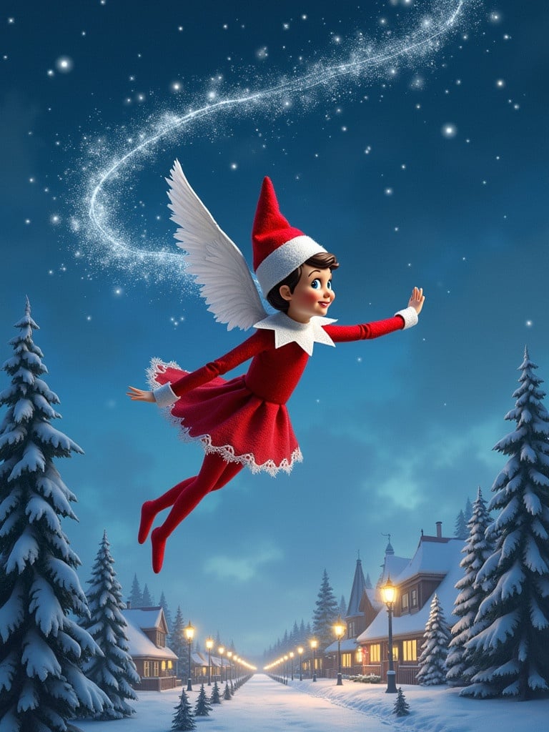 A realistic female Elf on the Shelf is flying in the night sky. A trail of snow writes a message in the air. Elf looks cheerful and focused. She is flying over a snowy village with trees and Christmas lights. The scene is festive and magical.