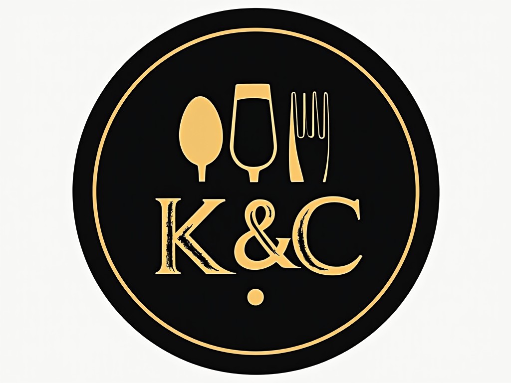 The logo features a black circle with a sophisticated design. It showcases the initials 'K&C' in gold font. Accompanying the initials are a spoon, fork, and champagne glass, arranged to create a balanced composition. The color scheme is black and gold, conveying elegance. This logo represents a restaurant that values fine dining and a luxurious experience. The overall look is modern and inviting, appealing to food enthusiasts.