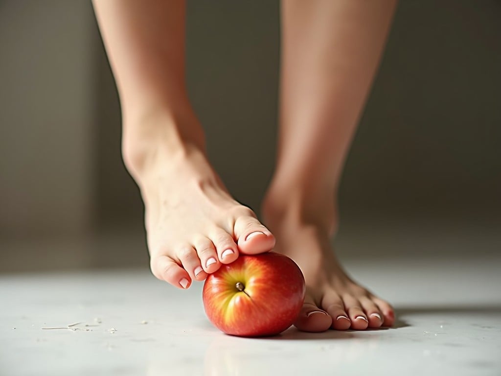 This image captures the feet of a young, beautiful woman as she steps on a vibrant red apple, applying her full weight and crushing it beneath her foot. The soft lighting perfectly highlights her smooth skin and the subtle shine of her well-manicured toes. Natural light enhances the warm tones of her skin, creating an inviting and fresh aesthetic. The apple, bright and glistening, contrasts beautifully against the soft surface below. This scene could symbolize health, vitality, and a creative approach to beauty and nourishment.