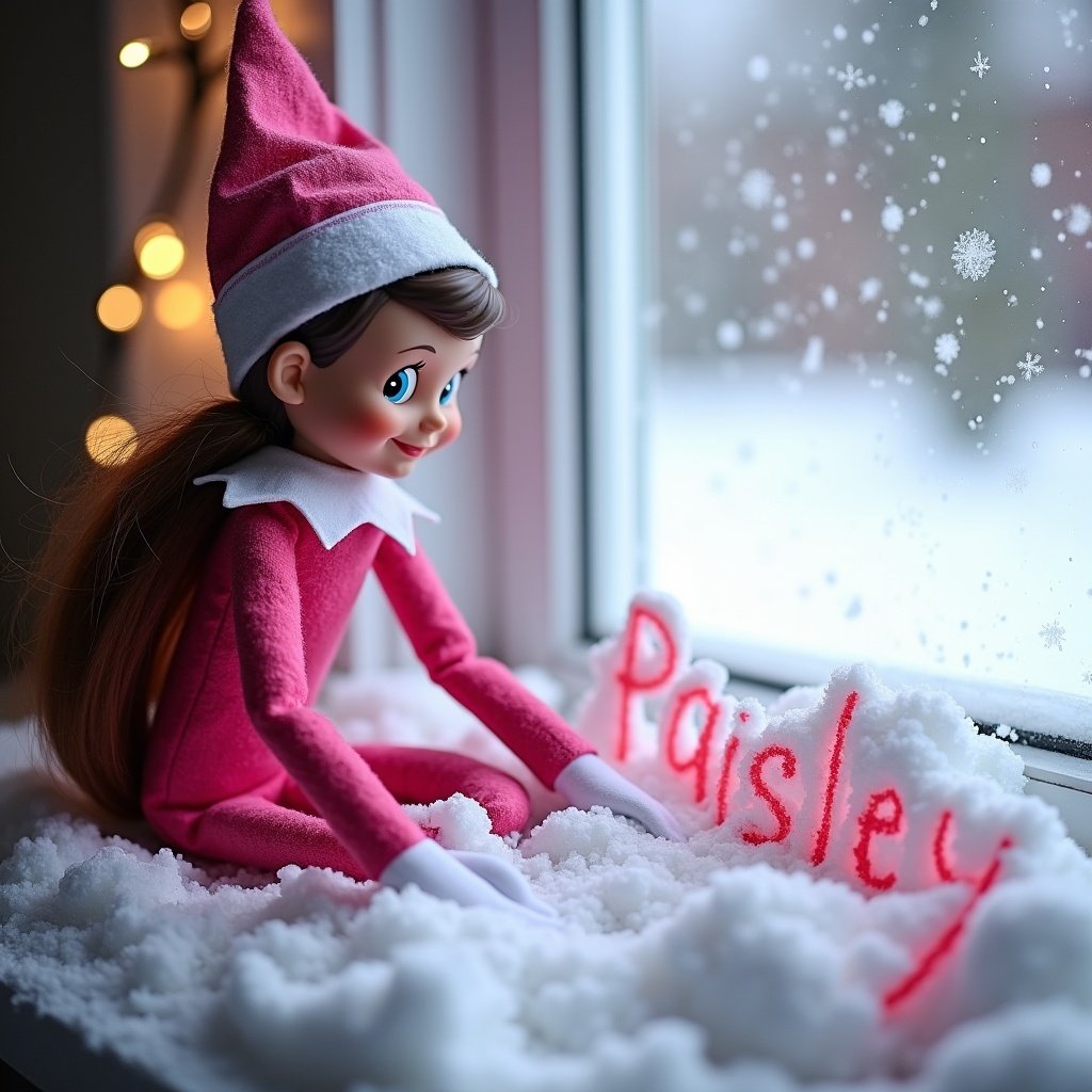 Pink elf doll sitting at a window. Snow outside. Elf wearing a pink outfit. Name 'Paisley' written in snow. Background decorated with holiday lights.