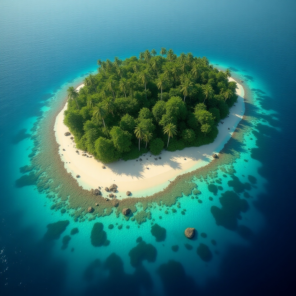 Aerial view of a tropical island surrounded by turquoise water. Lush greenery and palm trees cover the island. It's a small, picturesque location with a sandy beach.