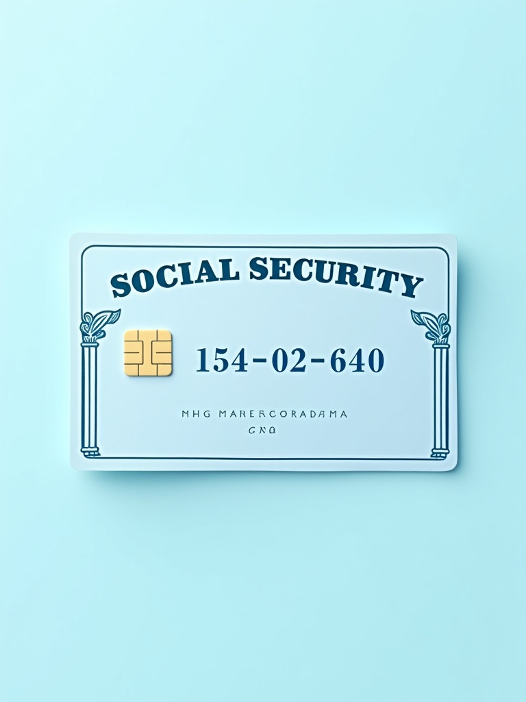 A depiction of a generic social security card is shown. Text 'SOCIAL SECURITY' appears prominently at the top. Key numbers displayed are '154-02-6140'. A graphic chip is part of the card to represent modern identification. Decorative elements indicate its official nature. The background is soft blue to enhance visual appeal. The design looks professional and clean to reflect importance of social security identification.