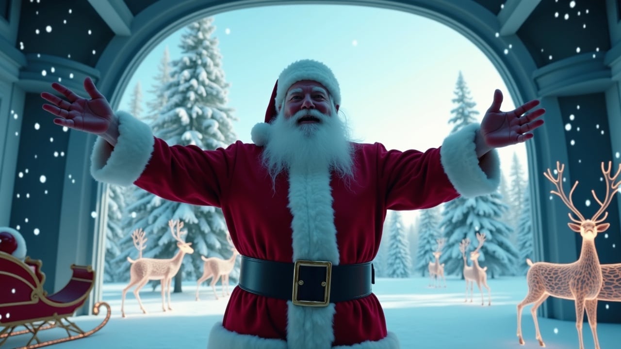 Cinematic image showcases Santa Claus in high-tech room looking to the camera with open arms in a celebration gesture. Holographic designs enhance the modern touch. Openings reveal snowy woods and sky. Sleigh with reindeer parked. Wide shot with Santa surrounded by glowing models.