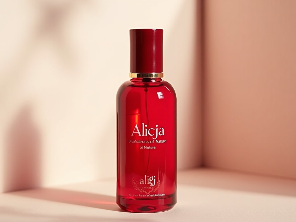 A striking beauty product, a red bottle with an elegant gold cap, sits on a soft pink background. The label reads 'Alicja: Brushstrokes of Nature.' The bottle is shiny, showcasing the luxurious design. Soft, warm lighting adds a glow, enhancing the red color. This image evokes a sense of sophistication and natural beauty.