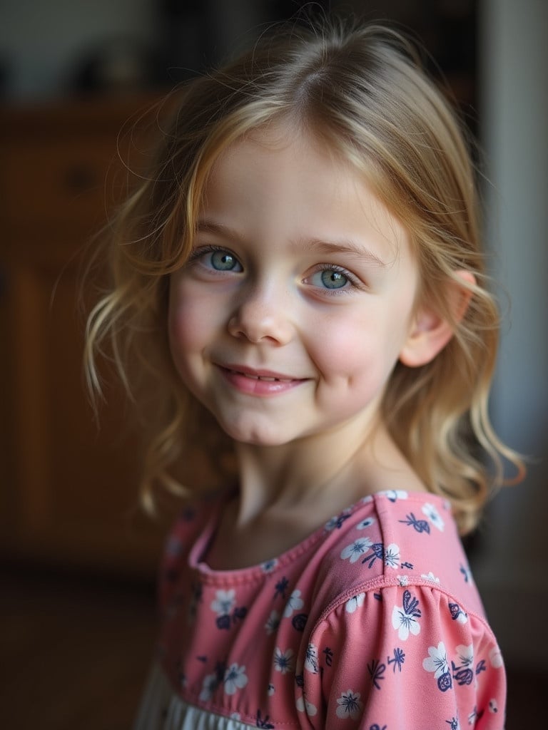 Candid photo of a young British girl. The girl has blonde hair and is wearing a pink floral dress. The background features wooden furnishings. Natural light enhances the scene.