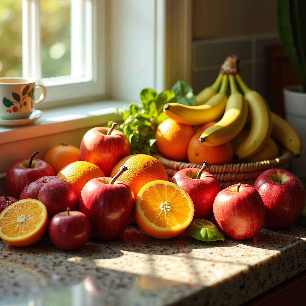 Fruit arrangement on the countertop with apples, oranges, and bananas. A sunny kitchen environment with natural light.