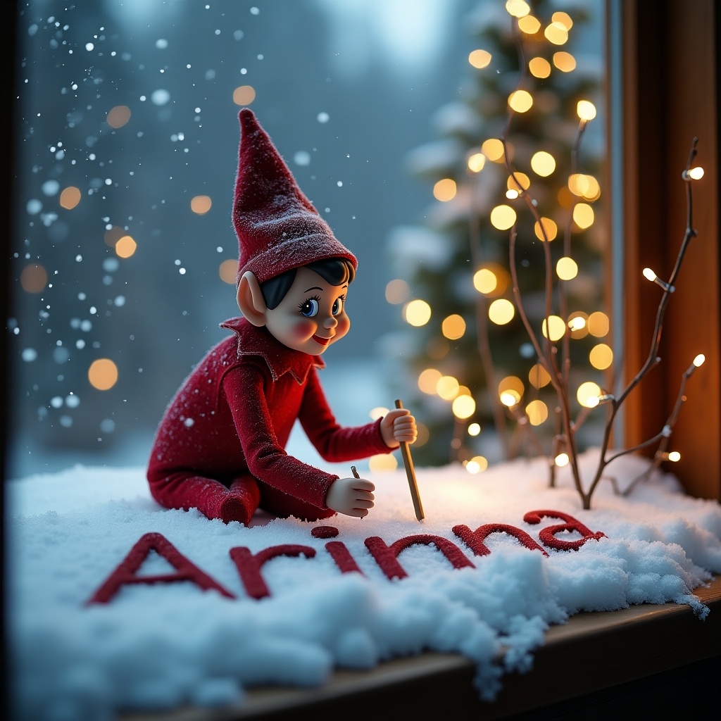 A charming scene featuring an elf on the shelf sitting by a snowy window, intently writing the name 'Arinna' in the snow outside. The elf is dressed in a classic red outfit and has a playful expression. Behind the elf, there are twinkling lights on a Christmas tree and a softly falling snow creating a magical winter atmosphere. The window frame adds a cozy touch to the festive scene. This image beautifully captures the spirit of the holiday season, focusing on a beloved tradition.