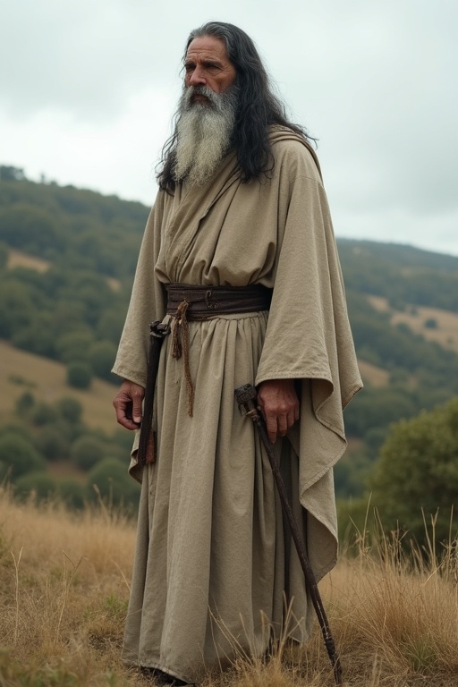 An old ascetic priest with long grey black hair and short beard dressed in a natural-colored ceremonial robe stands on a hill. He appears stern and wise against the background of southern France.