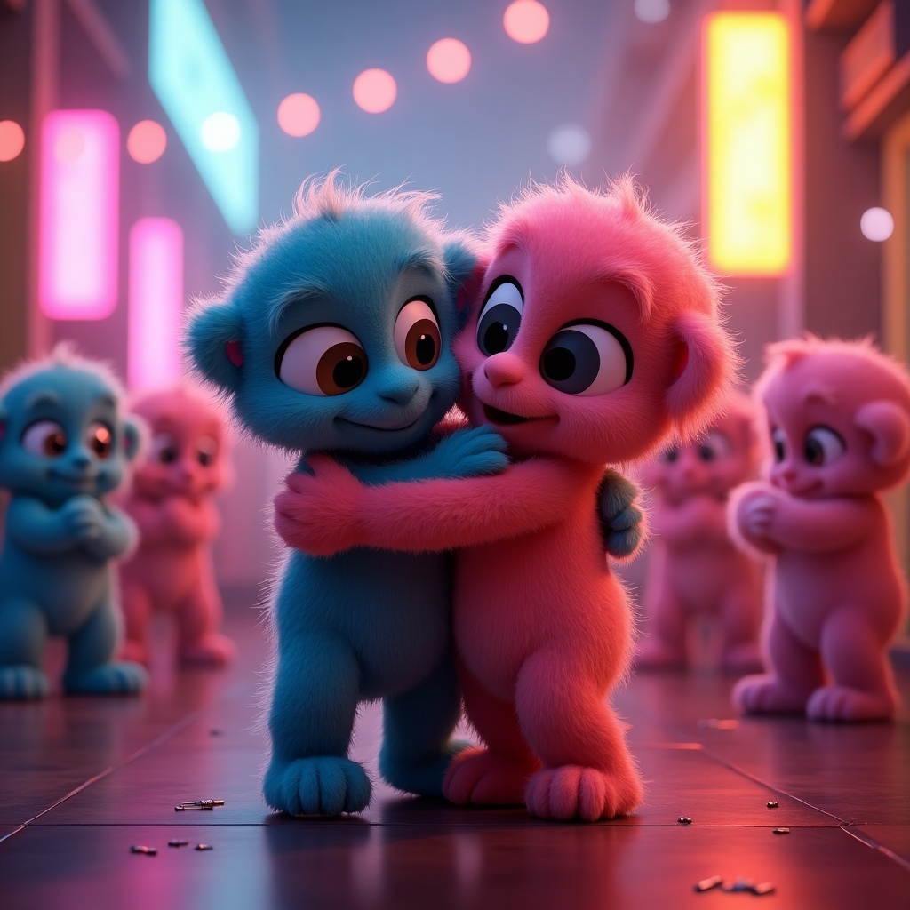 Animated characters of young rizzler figures hugging in a humorous scenario. Designed for meme coin marketing. Background features neon lights.