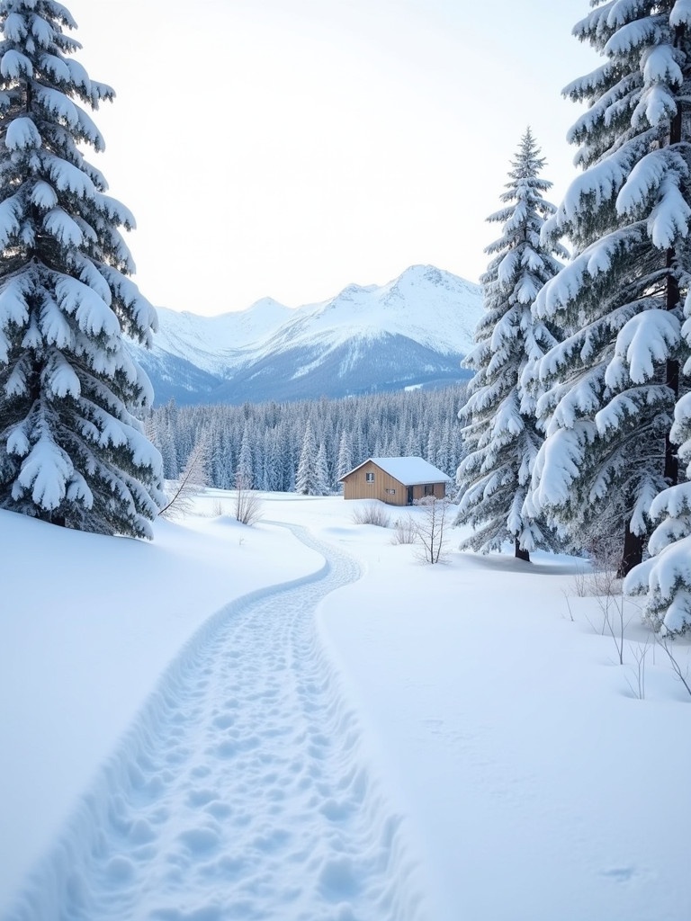 Capture a serene winter landscape with snow-covered trees and distant mountains. Include a winding path leading through the snow and a clear view of a cabin. Show soft overcast lighting over the scene. Make the setting tranquil with hints of previous visitors through tire tracks.