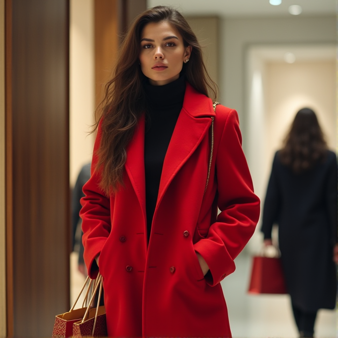 A woman in a vibrant red coat confidently walks through a chic indoor setting, carrying a shopping bag elegantly.