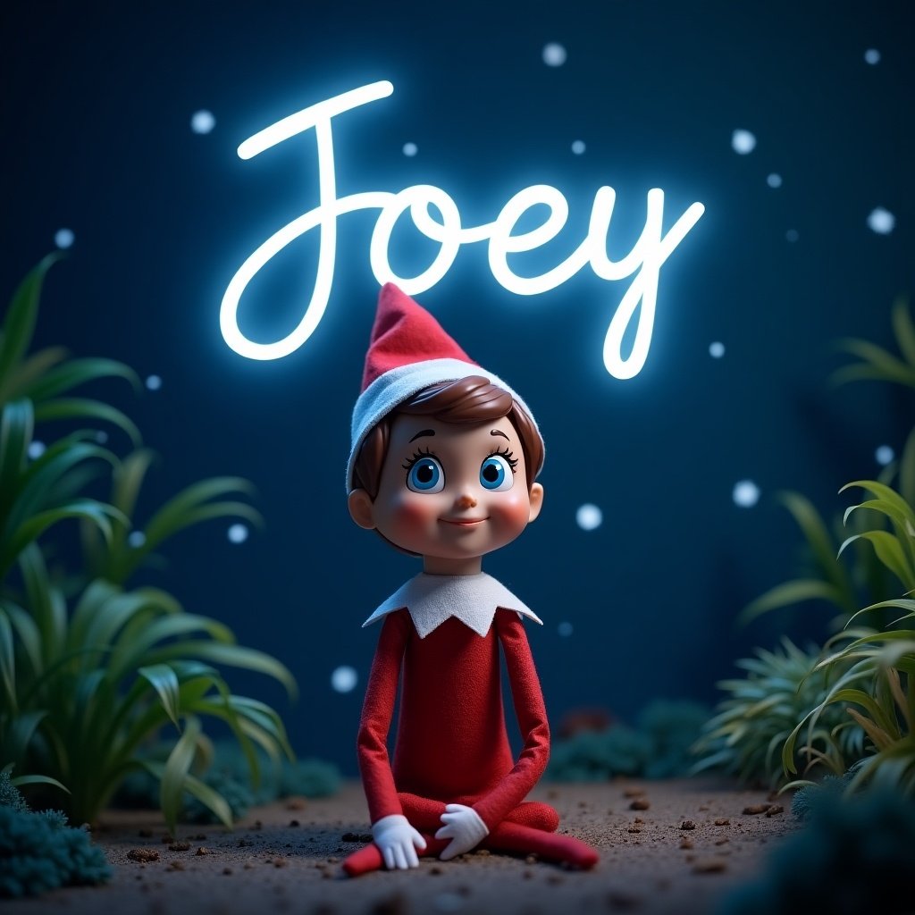 The image features a cute baby boy Elf on the Shelf sitting in a garden at night. The elf has short red hair and cheerful blue eyes. Around him, lush green plants create a whimsical atmosphere, while soft lighting enhances the magical feel. Above the elf, the name 'Joey' is brightly illuminated in the night sky. This charming scene captures the festive spirit of Christmas and childhood joy, making it perfect for holiday-themed illustrations.