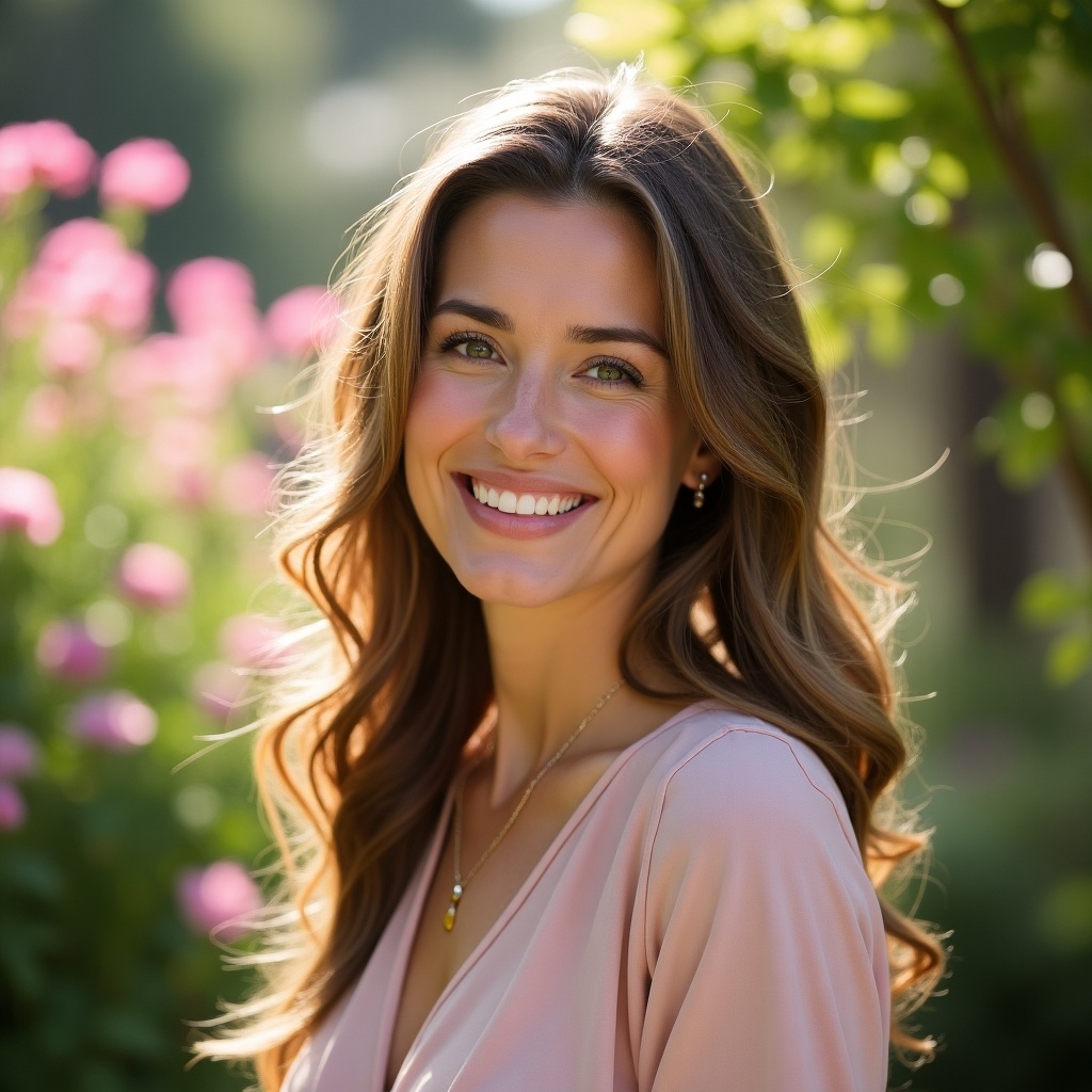 This image features a smiling woman with beautiful, long hair, standing outdoors amidst soft pink flowers. She is wearing a light-colored top, exuding a sense of warmth and happiness. The natural lighting highlights her features beautifully, enhancing her joyful expression. The blurred background adds a dreamy quality, making the subject the focal point. Perfect for lifestyle themes, this image conveys a feeling of joy and positivity.