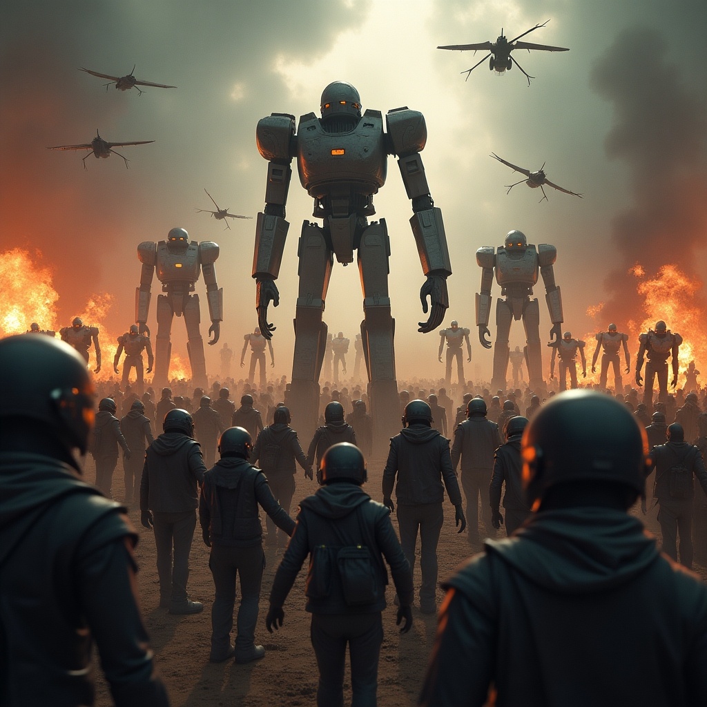 This image depicts a thrilling scene from the game 'Rise of the Dead'. In a dark, apocalyptic landscape, gigantic robots loom over a crowd of people, who seem both frightened and determined. The sky is filled with ominous smoke and flying helicopters, while the ground is lit by the fiery orange glow of explosions and flames. The characters are wearing tactical gear, suggesting they are preparing for a conflict. This image captures the essence of survival against overwhelming odds, with mechanical foes and hordes of zombies expected to appear in the game.