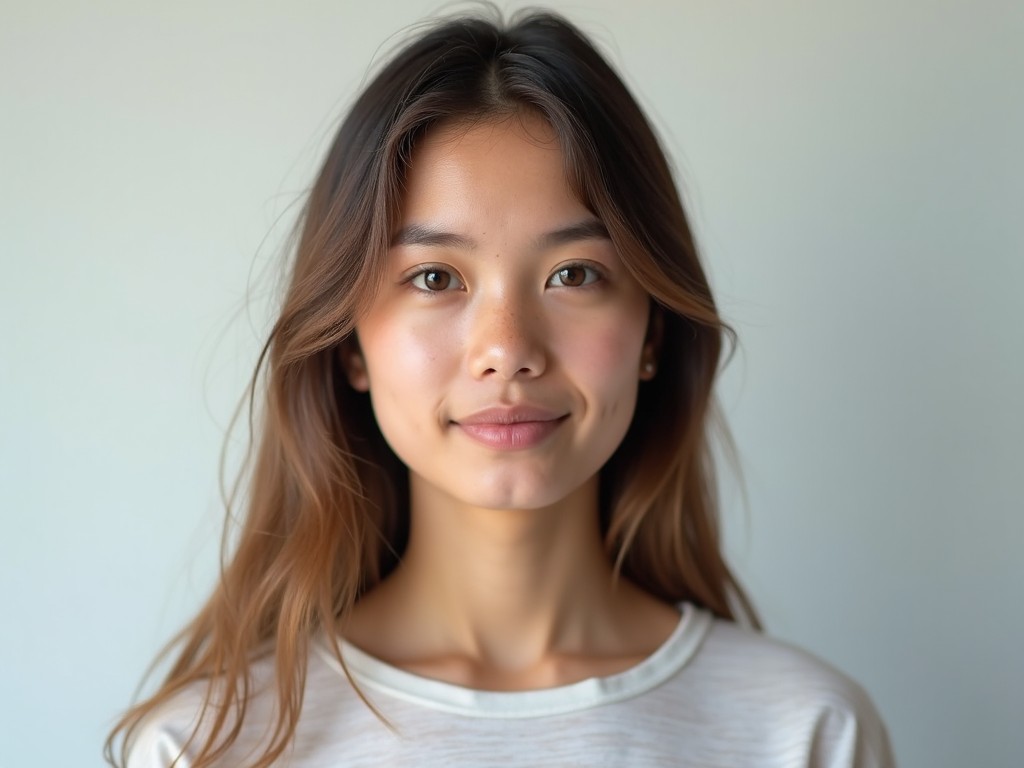 The image shows a young woman with long hair, standing against a soft, neutral background. Her expression is calm and friendly, making it suitable for a passport photo. The lighting highlights her facial features beautifully, with no harsh shadows. The overall composition has a clean and simple look, ideal for official documents. The girl's attire is casual, adding to a relaxed yet professional appearance appropriate for identification purposes.