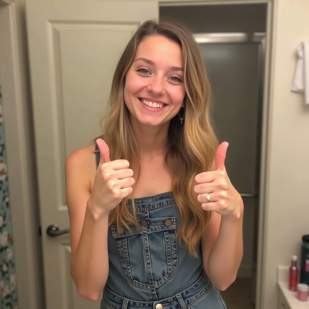 This image features a young person in a bathroom setting, taking a selfie. They have long blonde hair and are dressed in a denim outfit. The background is neutral, with various bathroom items subtly visible. The person poses with both thumbs up, showcasing a cheerful smile. Soft lighting complements their facial features and creates a warm atmosphere. The overall feel of the image is positive and inviting, perfect for lifestyle content.