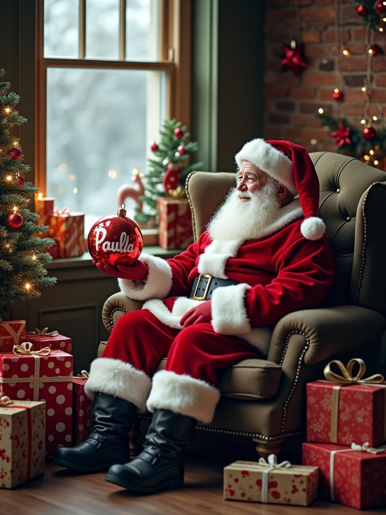 Santa Claus sits in an armchair. Christmas gifts surround him. Holiday decorations fill the room. Snow falls outside the window. He holds an ornament labeled Paula.