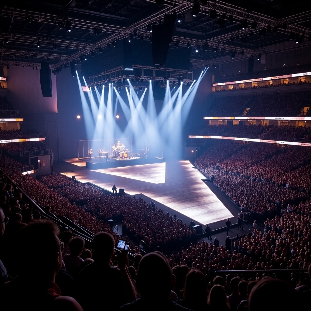 Drone view of a concert at Madison Square Garden featuring a T stage runway. The audience is packed with excitement. Bright lights shine on the performers.