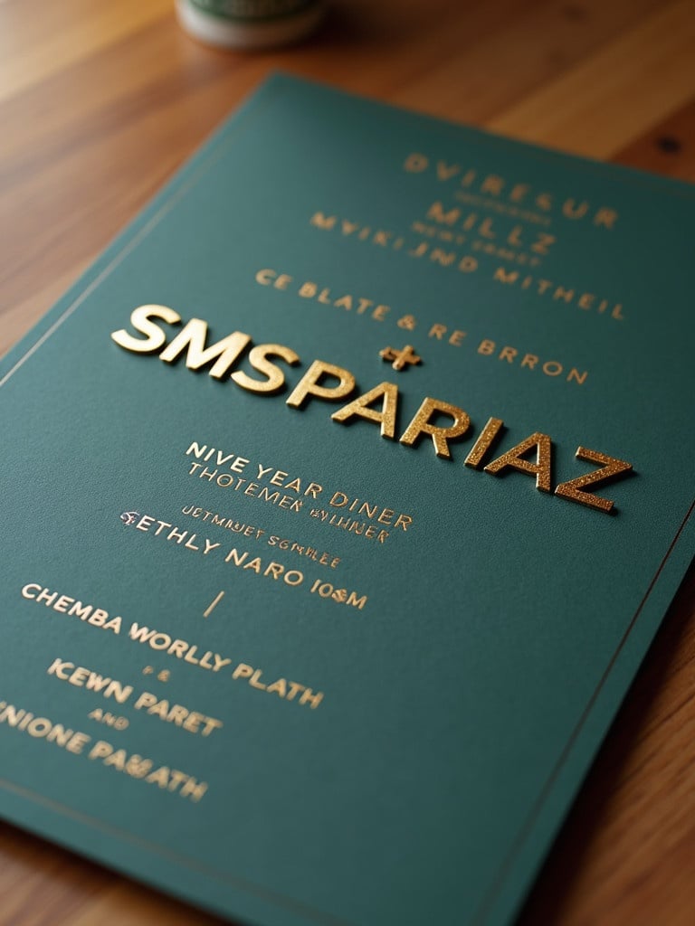 New Year dinner style invitation card. Letters 'SMSPARIAZ' in gold. Teal background design. Placed on a wooden table with natural light.