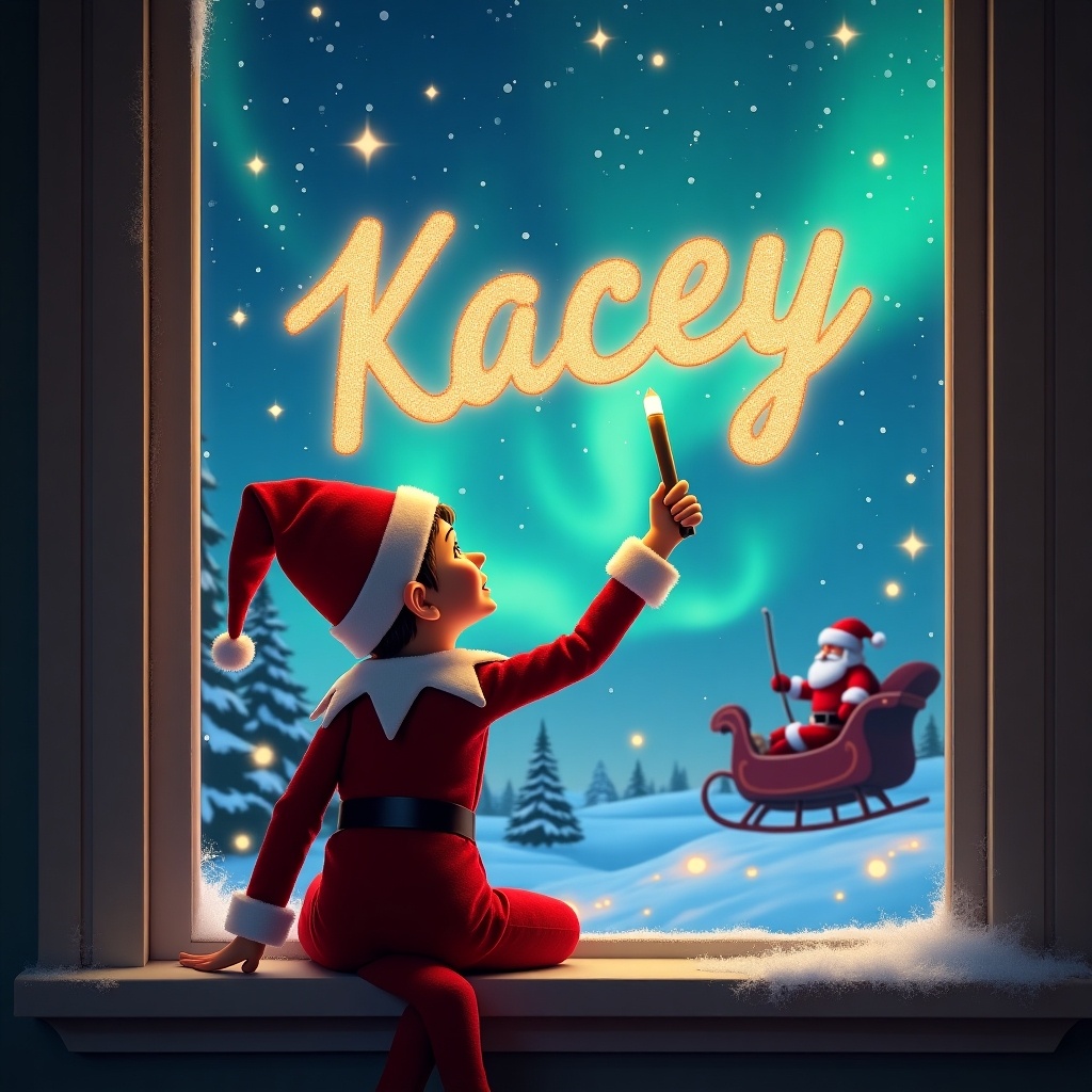 The image features an elf sitting on a window ledge with his back to the viewer. He is facing the sky, using a wand to write the name 'Kacey' in shimmering letters. The background is enchanting, depicting a magical Christmas scene complete with twinkling stars and colorful northern lights. In the background, Santa Claus can be seen in his sleigh, adding to the festive atmosphere. The elf is dressed in a classic red outfit and a pointed hat, emphasizing the holiday spirit.