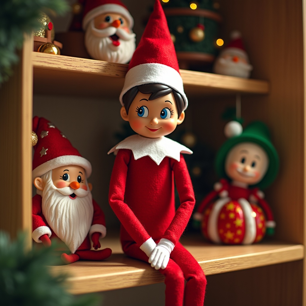 This image features a cheerful elf doll sitting on a wooden shelf surrounded by festive decorations. The elf is wearing a bright red outfit with a classic white collar and has a joyful expression. Flanking the elf are decorative Santa Claus and other holiday figures, bringing a festive spirit to the display. The warm and soft lighting enhances the cozy atmosphere, making it the perfect holiday scene. This setup is indicative of the popular Elf on the Shelf tradition, adding a whimsical touch to Christmas decor.