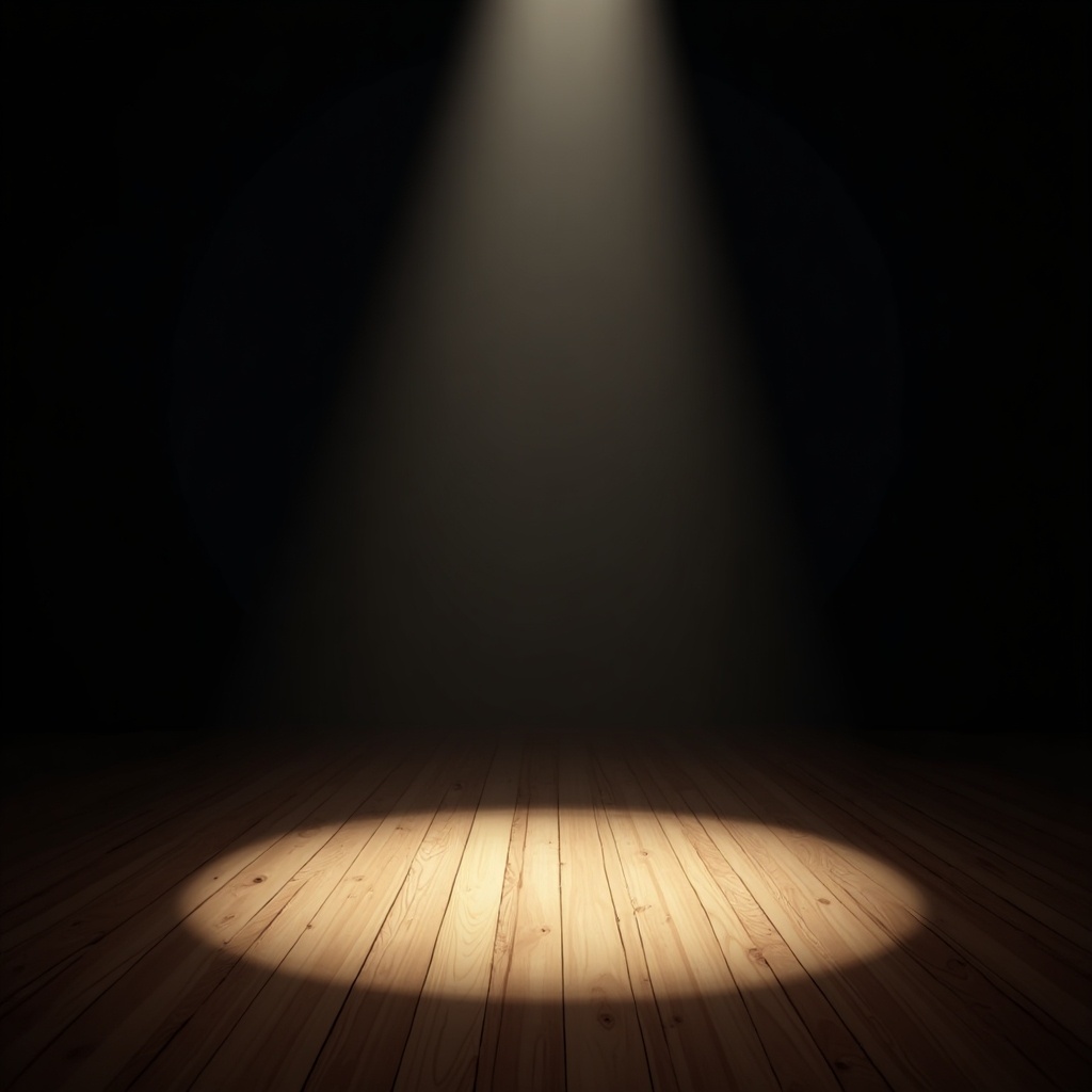 Stage setting with wooden floor and spotlight. Spotlight shines from front right. Light creates circular illuminated area. Dark background contrasts with light. Evokes anticipation and focus for performance.