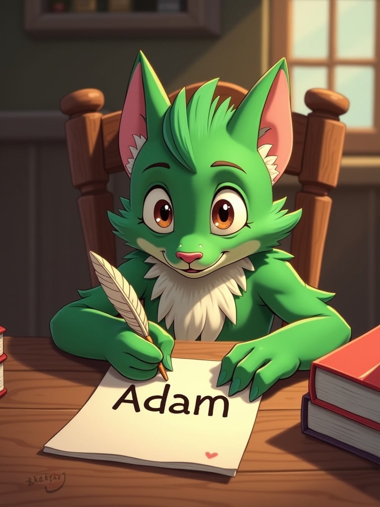 Cartoon character with green fur. Character writes name 'Adam' with feather quill. Character sits at a wooden desk. Desk contains books. There is warm indoor lighting.