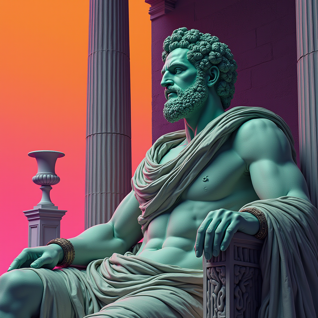 A statue of a muscular, seated man with a beard, set against a vibrant orange and pink sky.