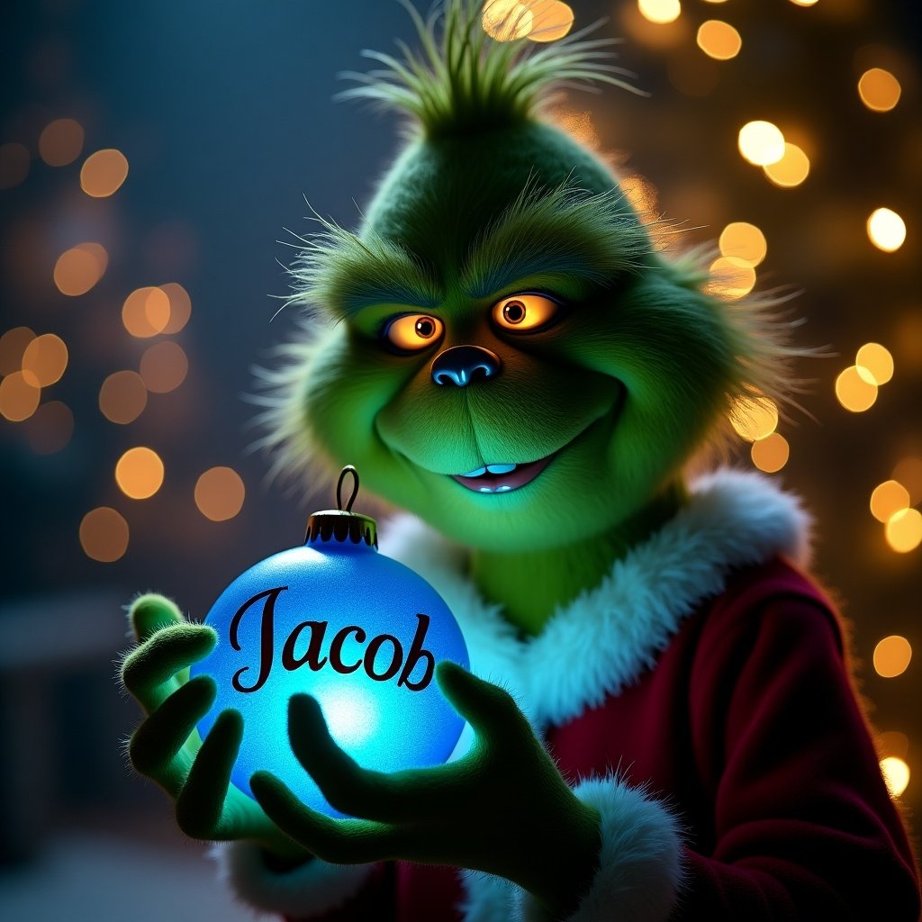 A Grinch holds a glowing blue Christmas bauble. The bauble features elegant script. A dark setting enhances the glow. Twinkling Christmas lights create a magical mood.