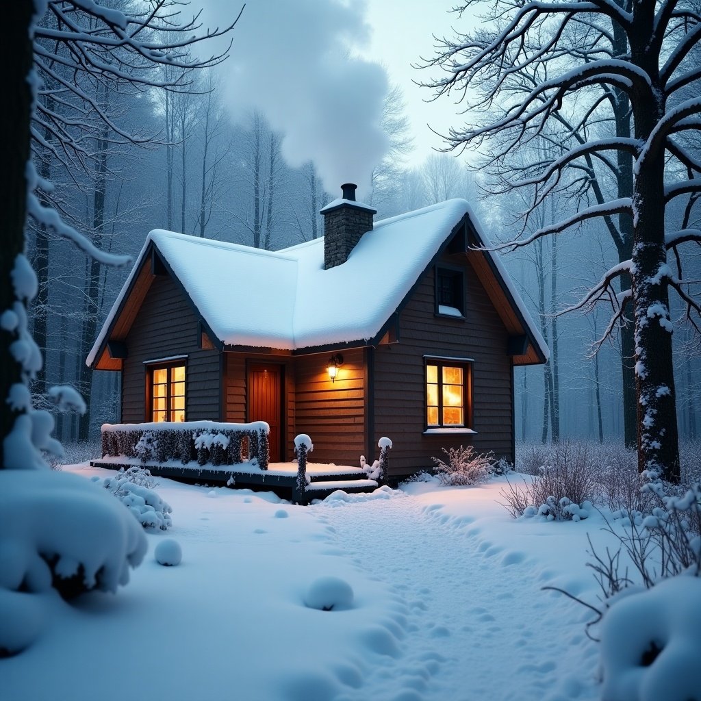 A cozy small house is surrounded by falling snow during winter. Smoke is rising from the chimney, indicating a wood fire burning inside. The house is warmly lit from within, creating a welcoming atmosphere amidst the cold. Snow blankets the ground and trees, showcasing a serene winter scene. This idyllic setting evokes feelings of warmth and comfort on a cold, snowy day.