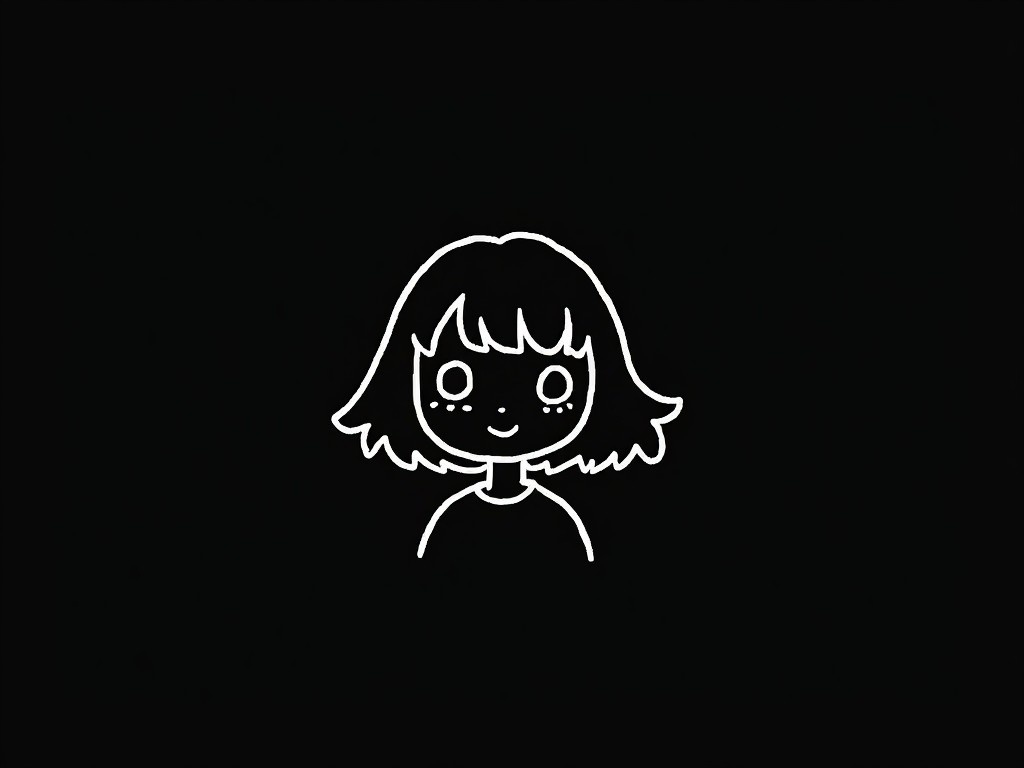 A minimalist line drawing featuring a young girl against a black background. The artwork employs soft, rounded white lines to create a friendly and approachable look. The girl has shoulder-length hair with bangs and a small, expressive face. Notably, there's a mole under her right eye that adds a unique touch to her character. This doodle style art is simple yet charming, making it ideal for various design applications.