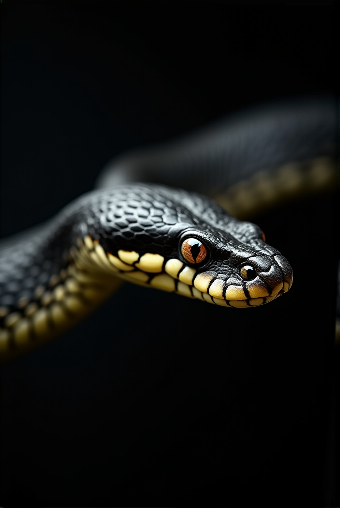 A close-up of a snake with a dark, glossy scale pattern and striking orange eyes against a black background.