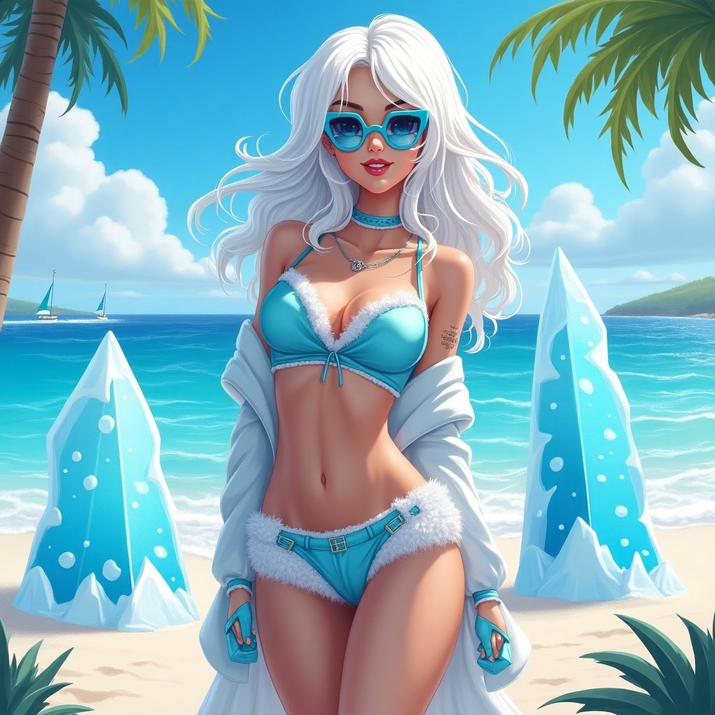 A character resembling a well-known fictional princess is depicted in a bikini on a tropical beach. The background features palm trees and crystalline structures, with a bright sky and ocean view.