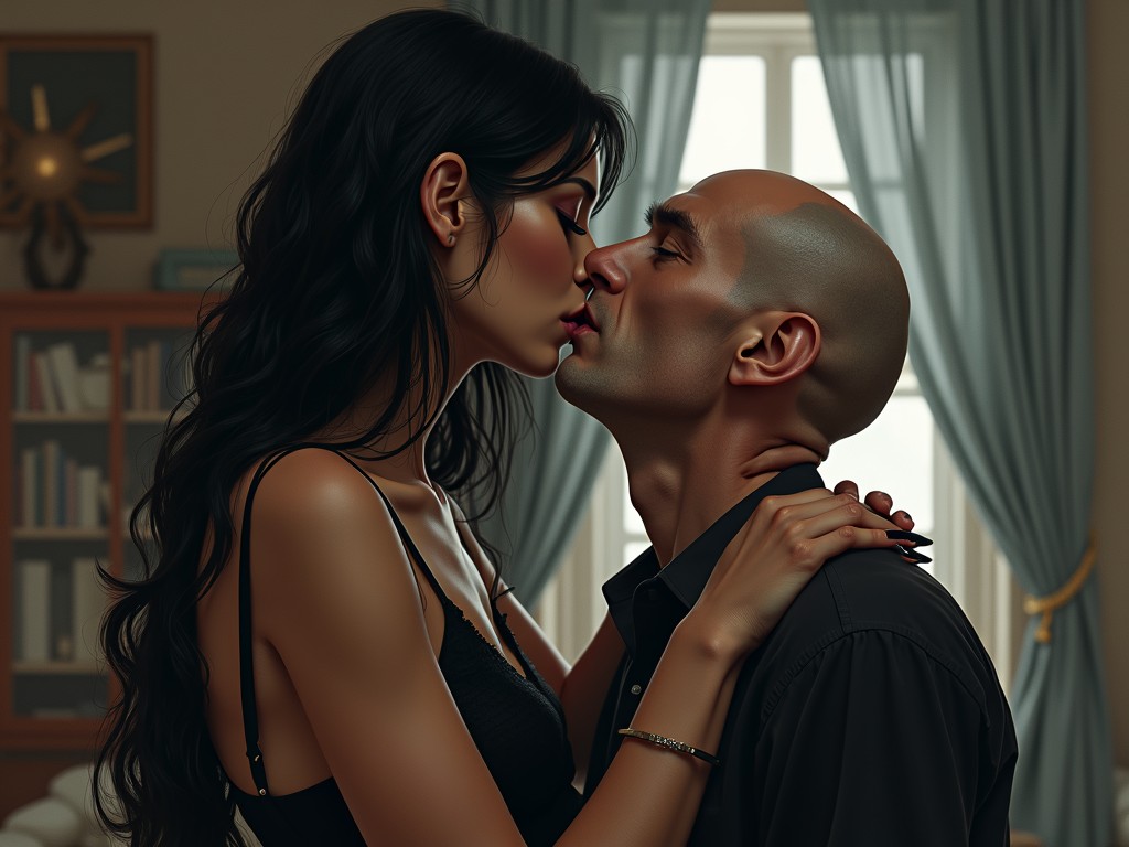 The image depicts an intimate scene between two people in a warmly lit room. A woman with long dark hair embraces a bald man as they lean in for a kiss, conveying a sense of romance and tenderness. The soft lighting and indoor setting create a cozy and private atmosphere enhanced by the presence of bookshelves and curtains in the background, suggesting a personal living space.