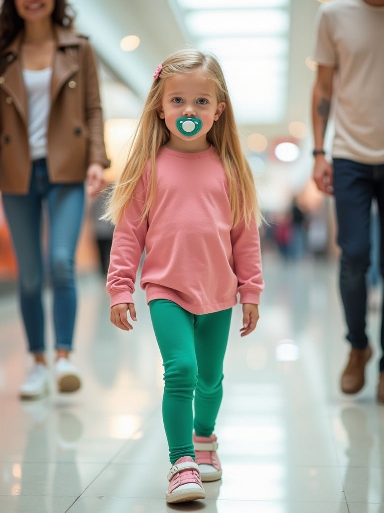 Young girl walks confidently through shopping mall. Dressed in stylish long sleeve pink t-shirt. Wearing emerald green leggings. Long blond hair flows down. Parents stroll behind showing family outing. Bright shopping environment is inviting. Casual yet trendy Velcro strap shoes enhance cheerful atmosphere.