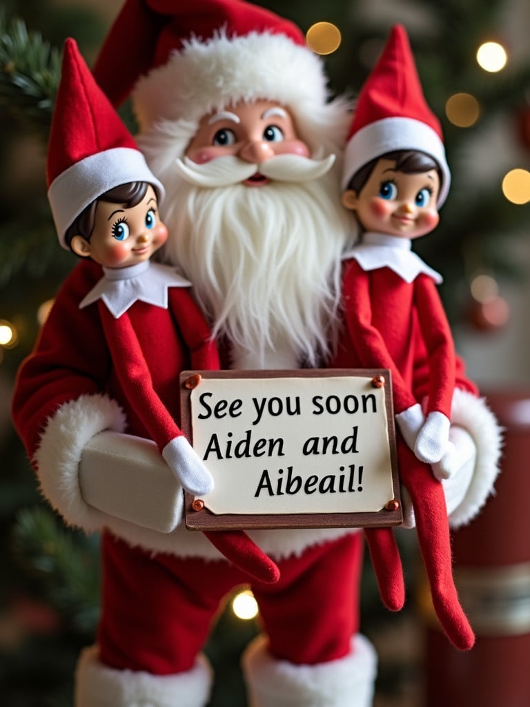 Santa Claus in red outfit holding two elves dressed in festive attire. Sign mentions Aiden and Abigail. Soft holiday setting with a Christmas tree backdrop.