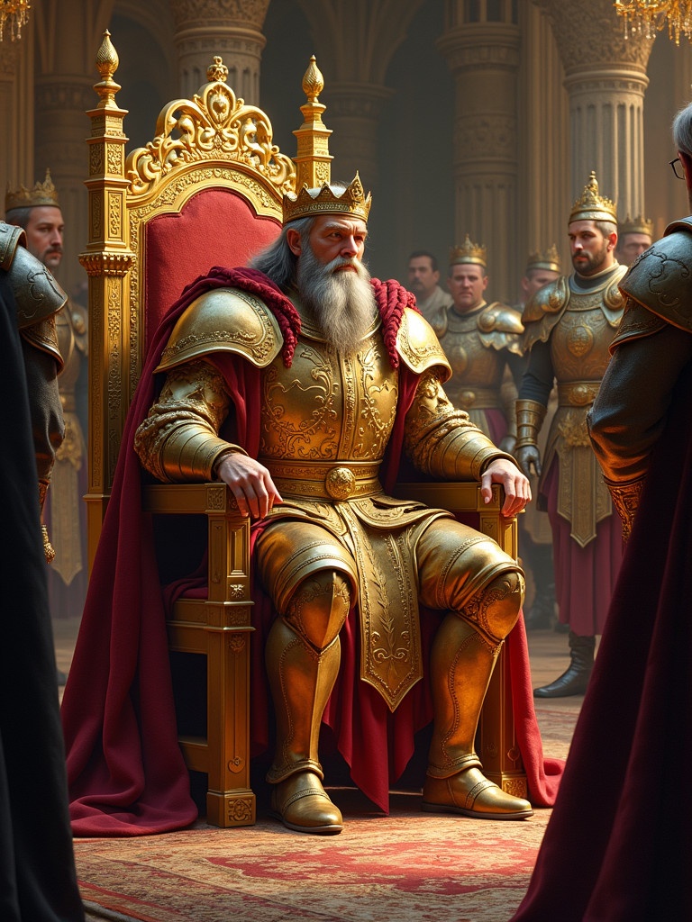 King Rudrasen sits on a golden throne. He wears golden armor and a crimson cape. A crown rests on his head. The royal court is majestic with stone carvings and golden chandeliers. Ministers and soldiers are present nearby.