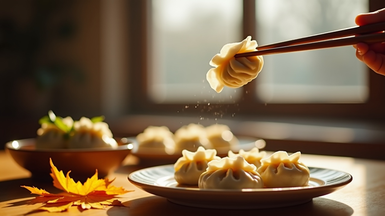 The scene captures a warm moment of enjoying dumplings as winter approaches. A pair of chopsticks delicately lifts a dumpling, showcasing its thin, slightly transparent skin filled with rich vegetables and meat. Surrounding it are several neatly arranged dumplings, perfectly shaped and vibrant. Outside the window, signs of frost or fallen leaves hint at the changing season, while yellow leaves on the table add to the seasonal ambiance. The overall warm tones enhance the sense of joy in family gatherings and harvest celebrations, with soft lighting enhancing the rich details for a cozy, film-like atmosphere.