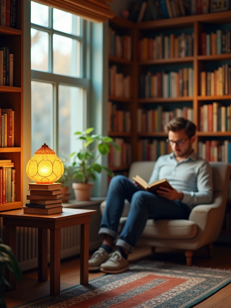 Cozy reading nook with a man reading a book. Stylish lamp made of stacked books on a wooden table. Soft light filters through windows. Shelves filled with colorful books provide a warm ambiance. Comfortable seating and gentle shadows create relaxation.