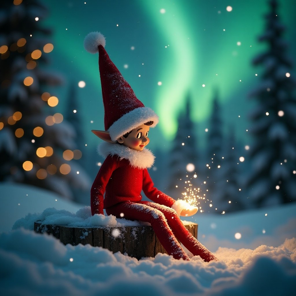 Traditional red elf of a shelf in a snowy landscape. Enchanting northern lights illuminate the sky. Snow writing 'Buddy' glows softly. A sense of magic fills the atmosphere.